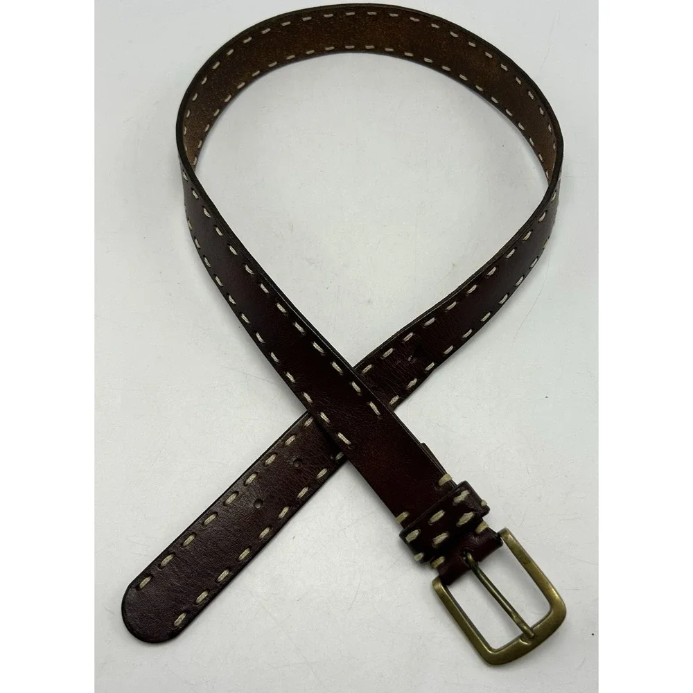 Leather Belt Womens Medium Brown White Stitching Brass Buckle Casual Capsule